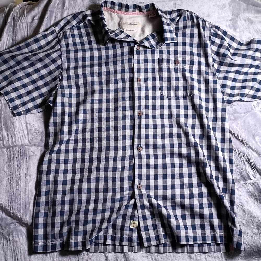 Tommy Bahama Mens XL Blue White Gingham 100% Silk Short‎ Sleeve Shirt T311834